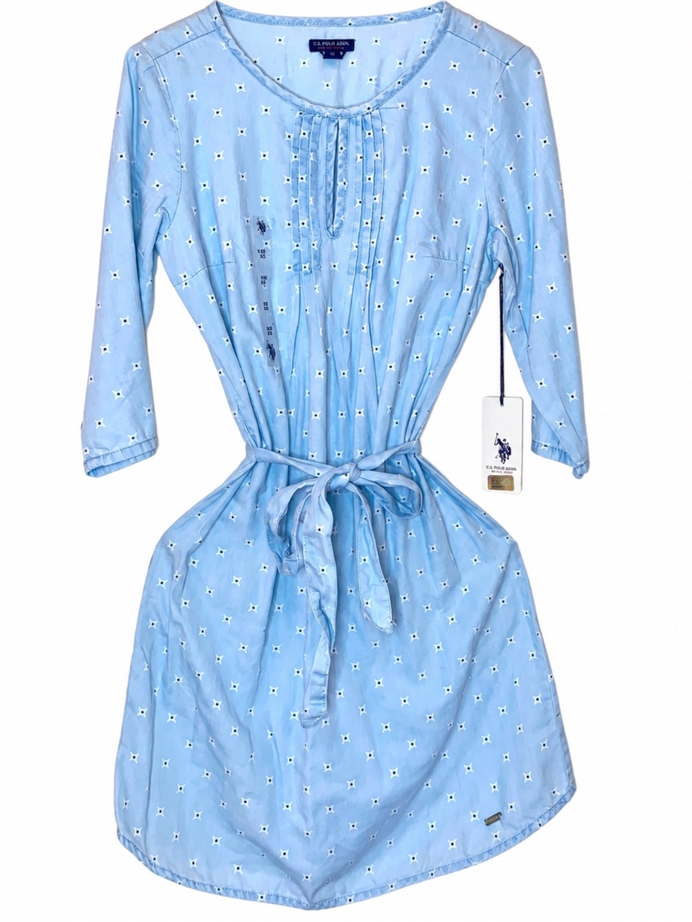U.S. Polo Assn. Chambray Star Print Belted Dress | Blue White | Size XS
